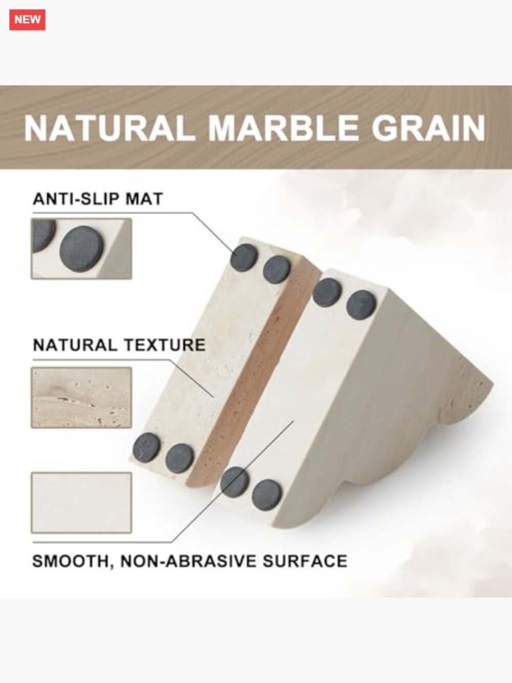 Heavy Travertine Marble Bookends Set of 2 - Non-Slip Base for Bookshelf Desk - Picture 5 of 6